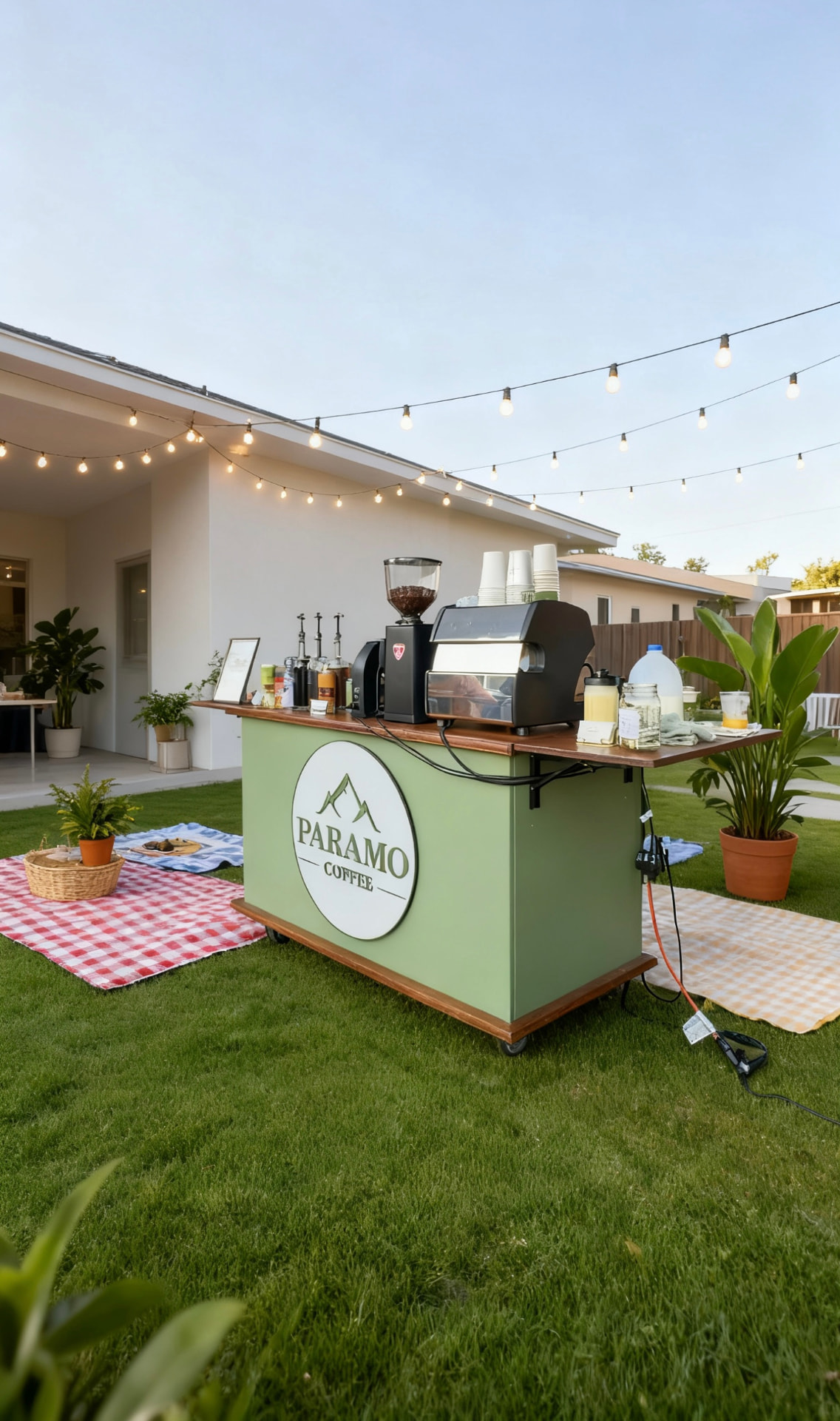Paramo Coffee cart set up in a backyard event with string lights